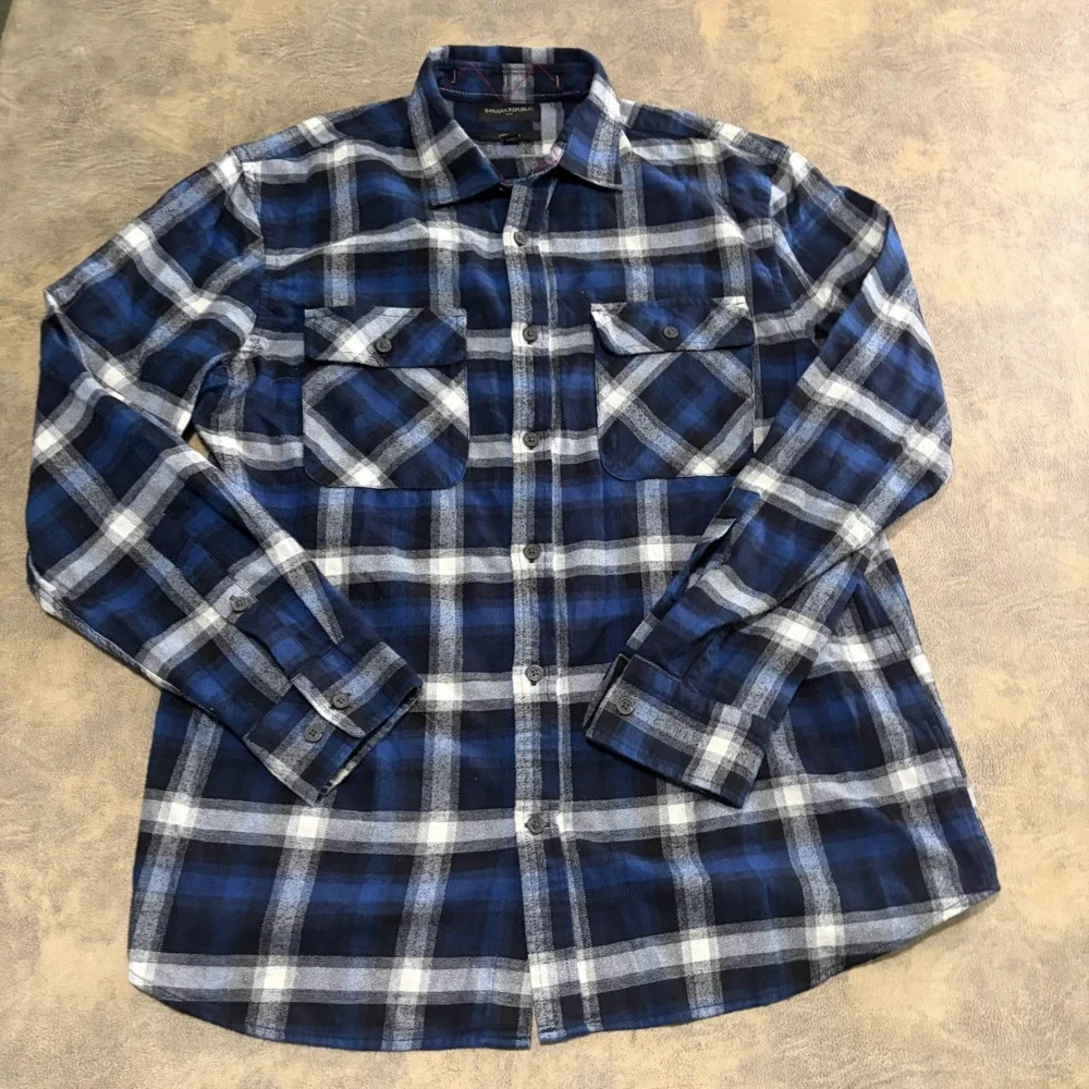 Banana Republic Button Down Shirt Mens L Blue Plaid Textured Flannel 504826-02